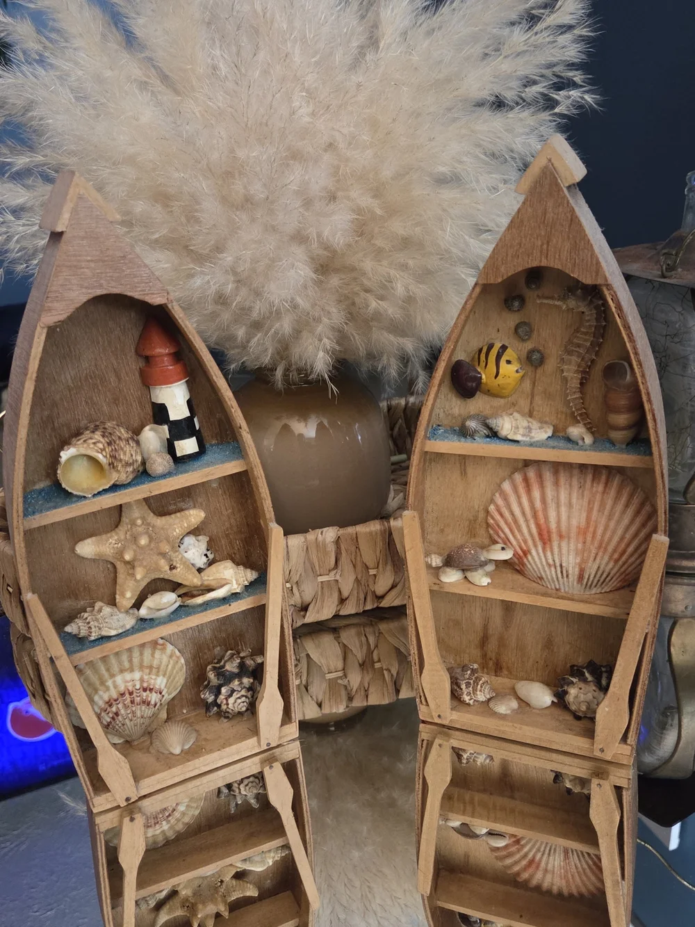 Vintage Nautical Boat Shadowbox Wall Decor Seashell Seahorse Pair